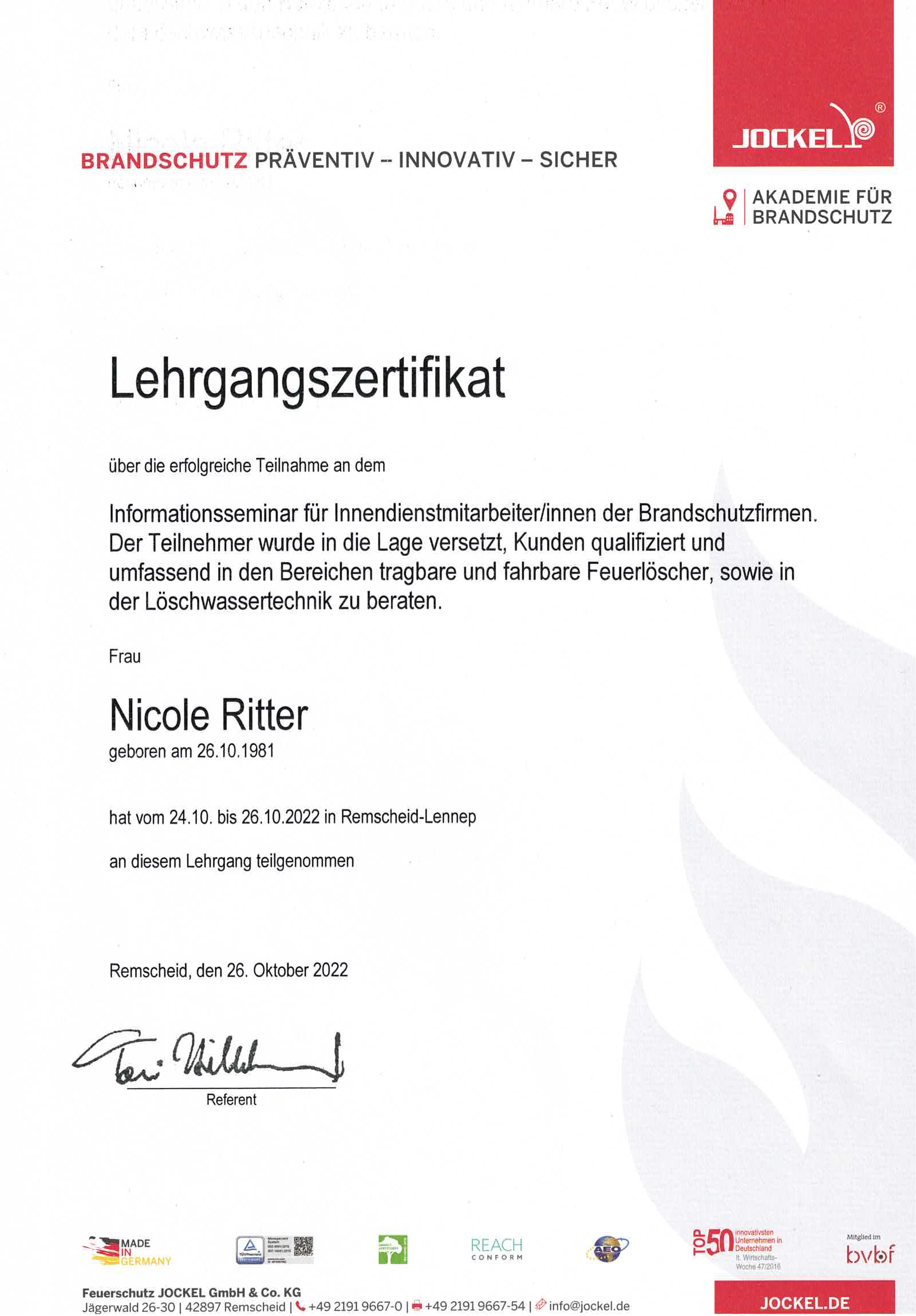 Lehrgangsbescheinigung Nicole