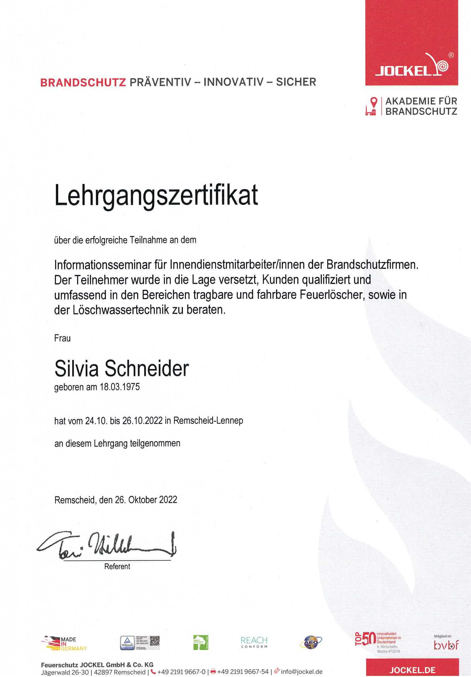Lehrgangsbescheinigung Silvia